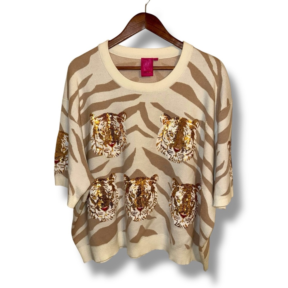 QOS Queen of Sparkles White & Tan Tiger Face Tiger Head Sweater Women’s Sz XXL